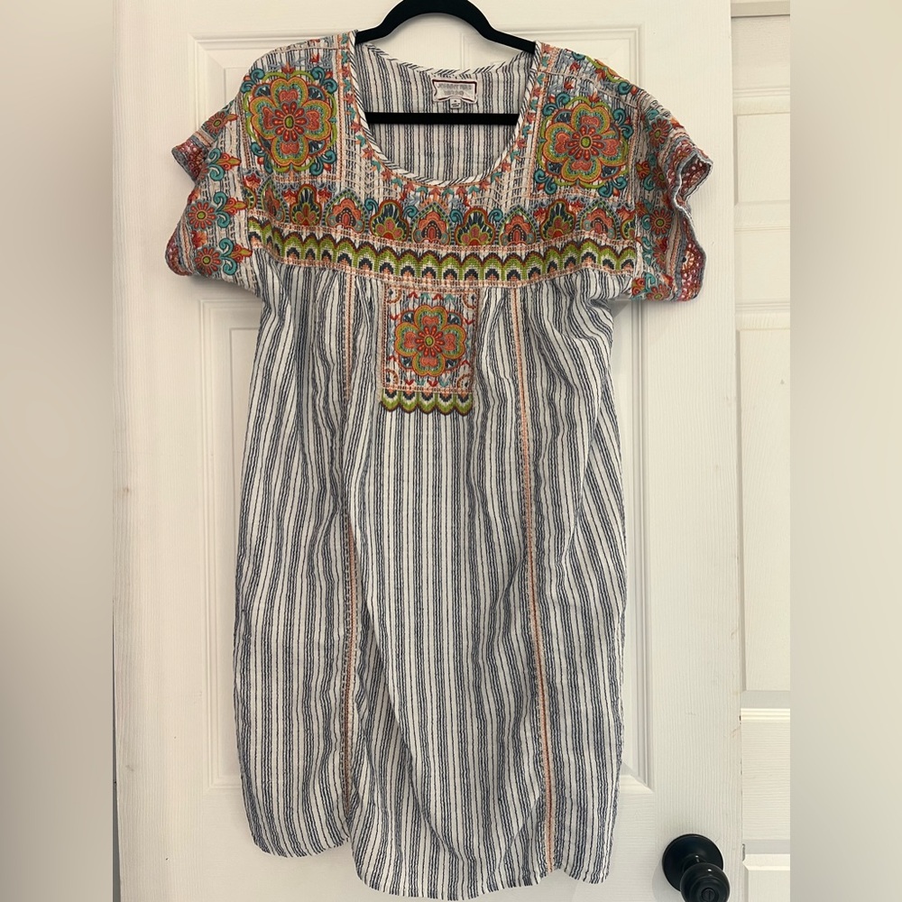Johnny Was Striped Mini Dress with Colorful Embroidered Yoke